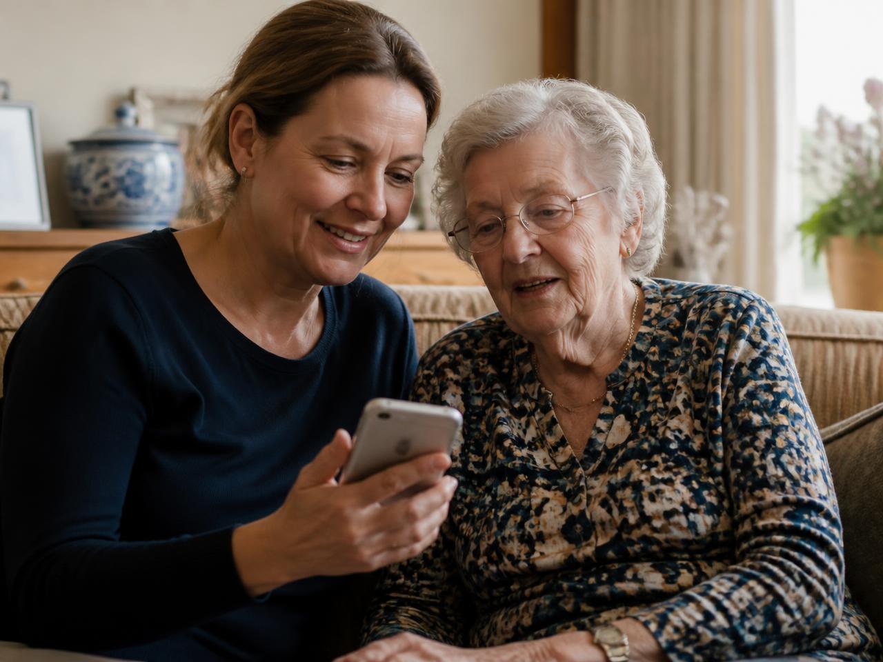 Dochter kijkt samen met haar moeder op een telefoon
